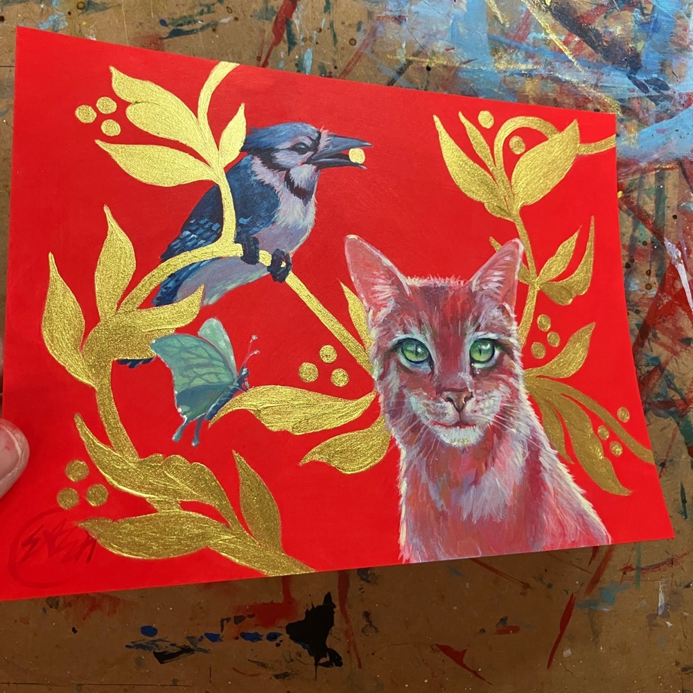 Original painting cat jay bird butterfly art surrealism home decor Artettina